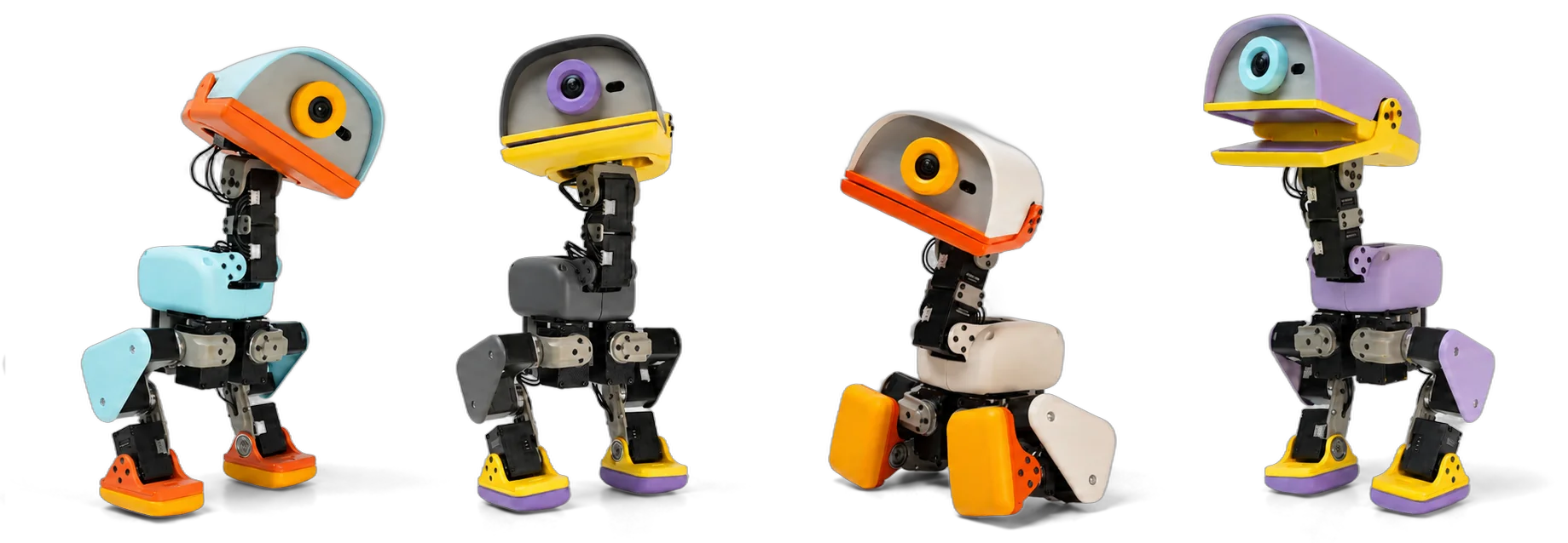 Four small walking robot companions side by side